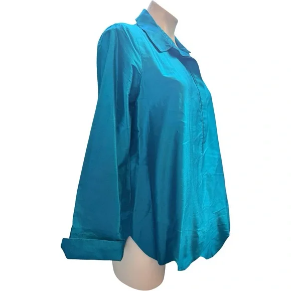 Sara Campbell Turquoise Silk Top Textured Scalloped Hem 1/4 Button Sz M Blouse - Picture 3 of 11